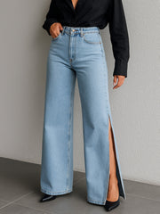 Women Blue Side Slit Wide Leg Jeans-BAJEAN0683
