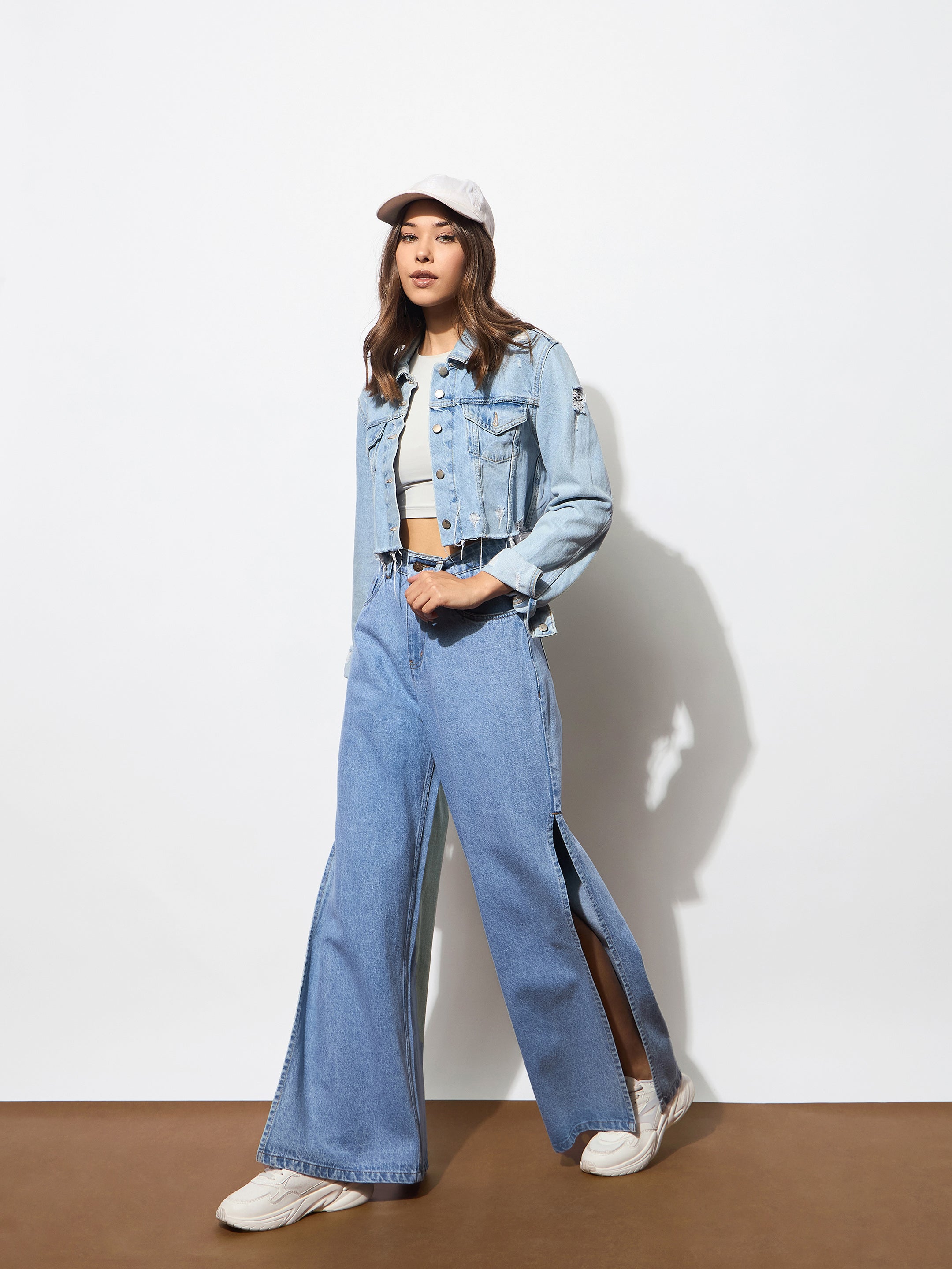 Women Blue Side Slit Wide Leg Jeans-BAJEAN0683