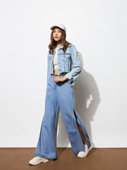 Women Blue Side Slit Wide Leg Jeans-BAJEAN0683