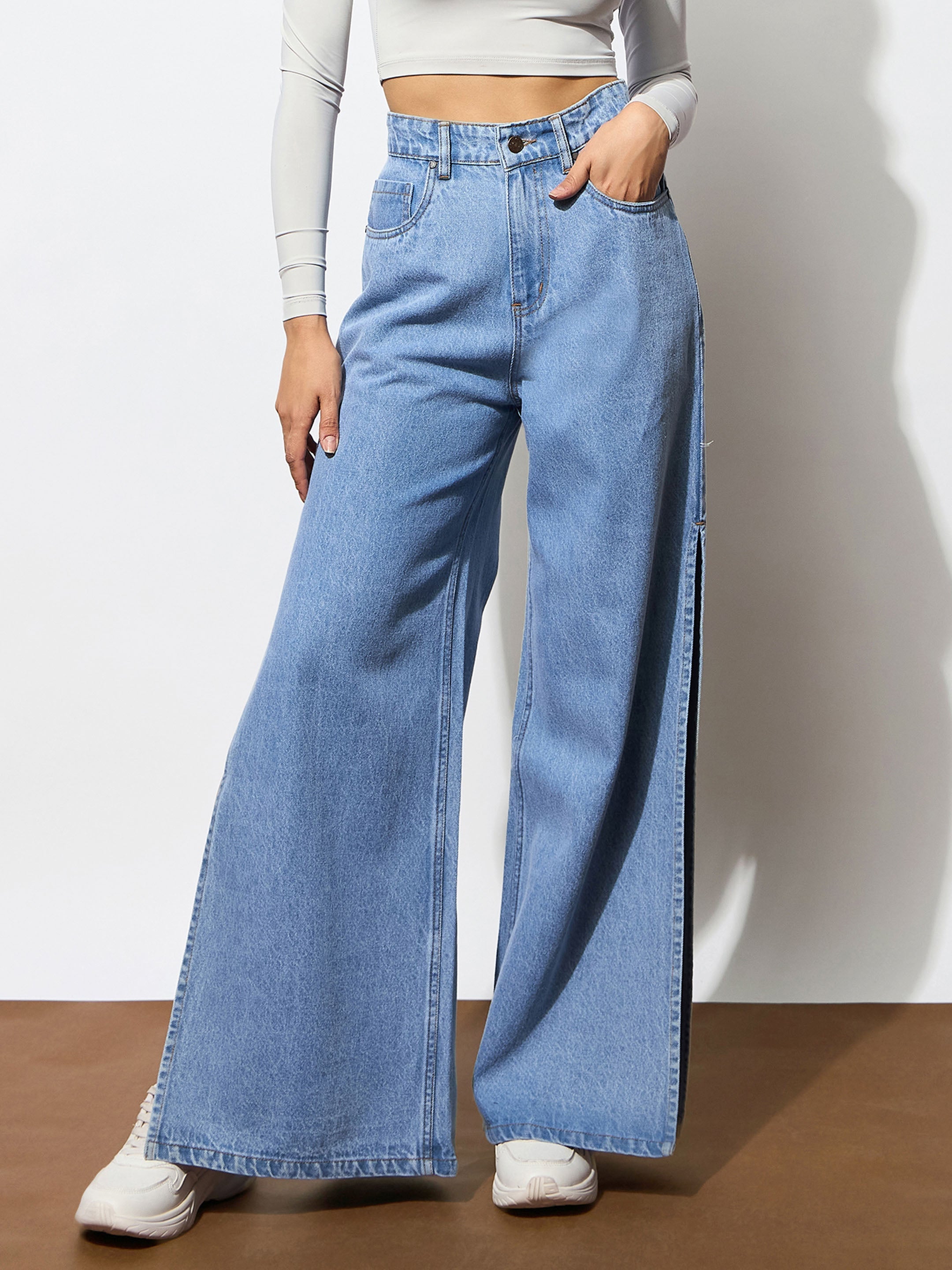 Women Blue Side Slit Wide Leg Jeans-BAJEAN0683