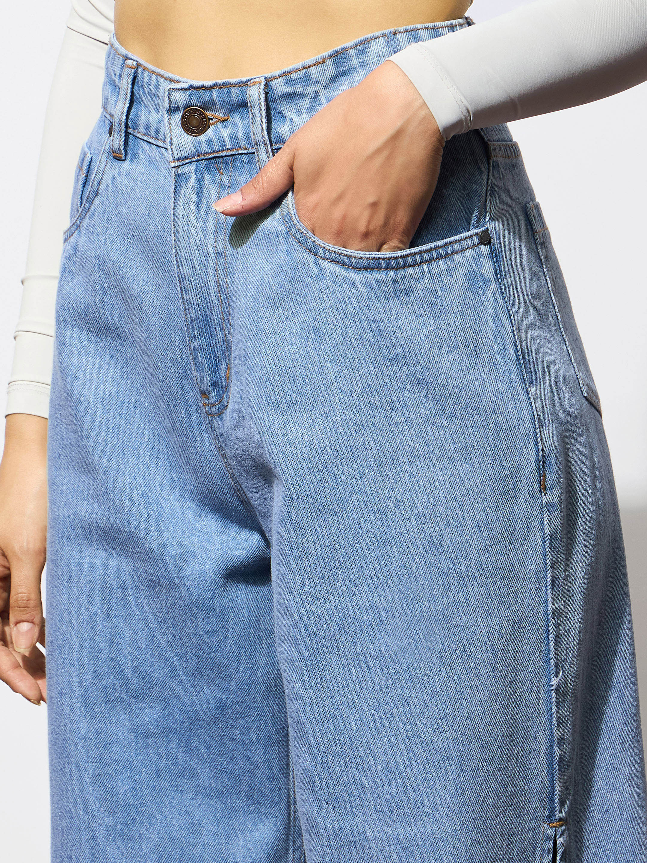Women Blue Side Slit Wide Leg Jeans-BAJEAN0683