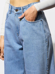 Women Blue Side Slit Wide Leg Jeans-BAJEAN0683