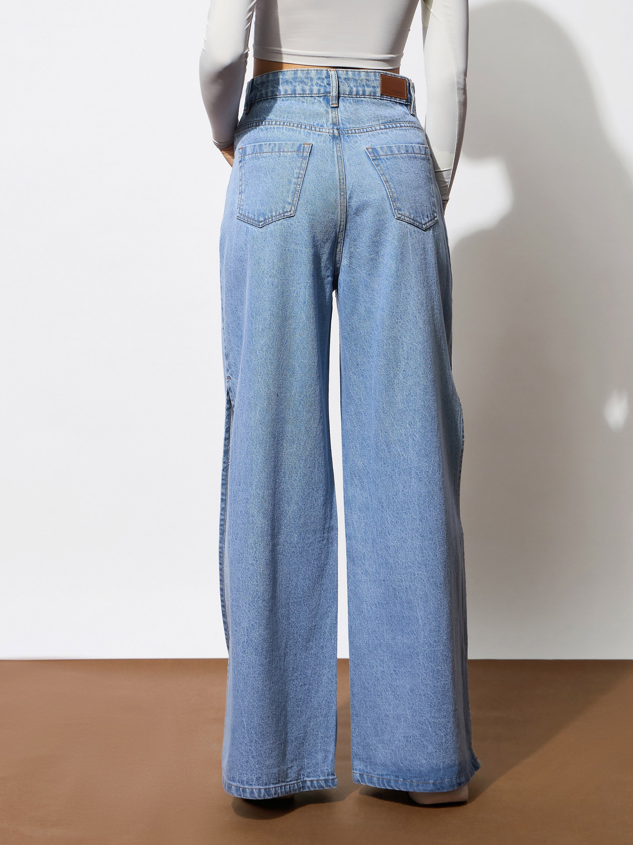 Women Blue Side Slit Wide Leg Jeans-BAJEAN0683