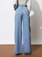 Women Blue Side Slit Wide Leg Jeans-BAJEAN0683