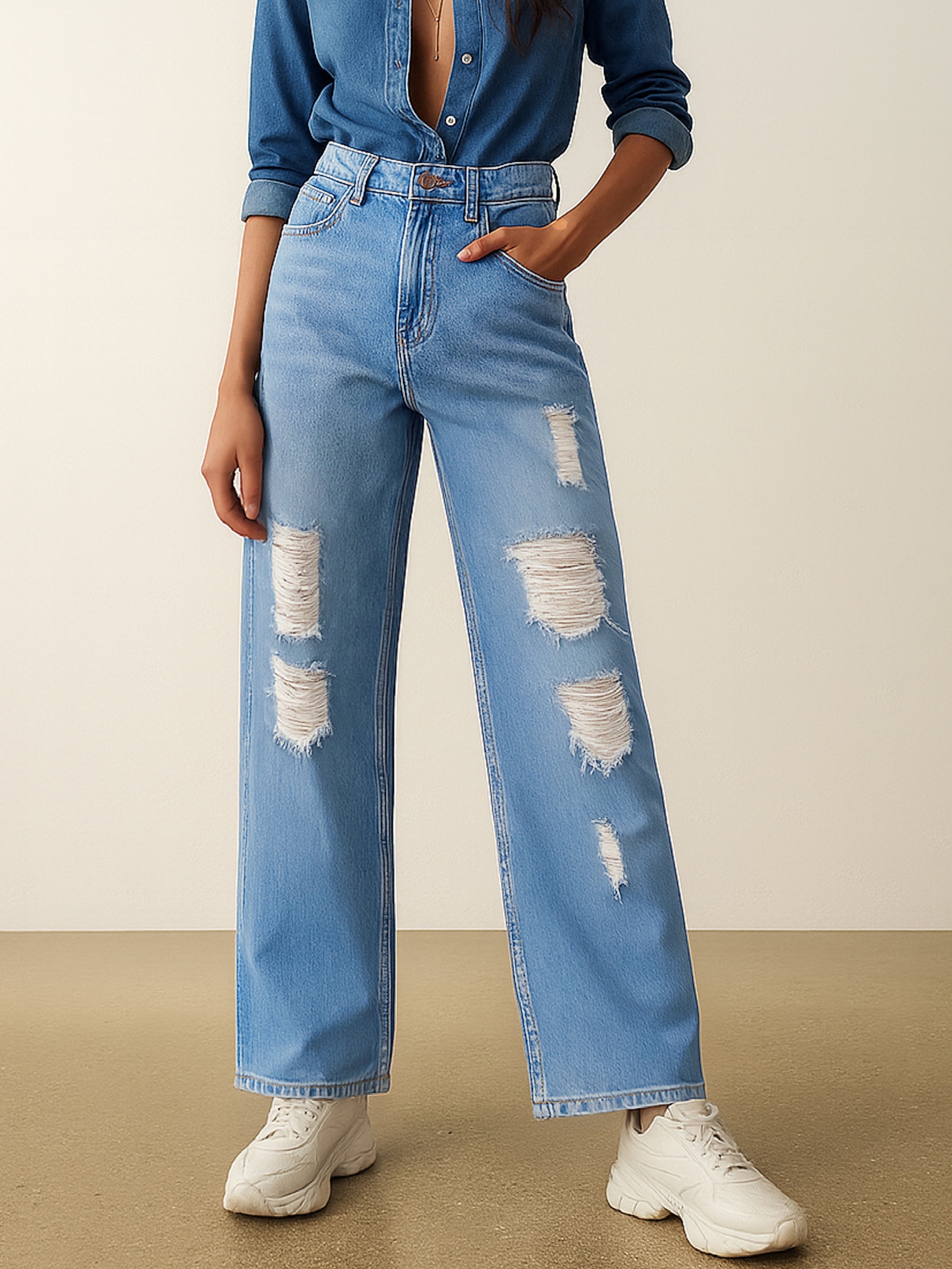 Women Light Blue Heavy Distressed Straight Frayed Jeans-BAJEAN0685
