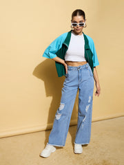 Women Light Blue Heavy Distressed Straight Frayed Jeans-BAJEAN0685