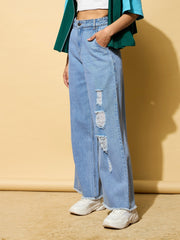 Women Light Blue Heavy Distressed Straight Frayed Jeans-BAJEAN0685