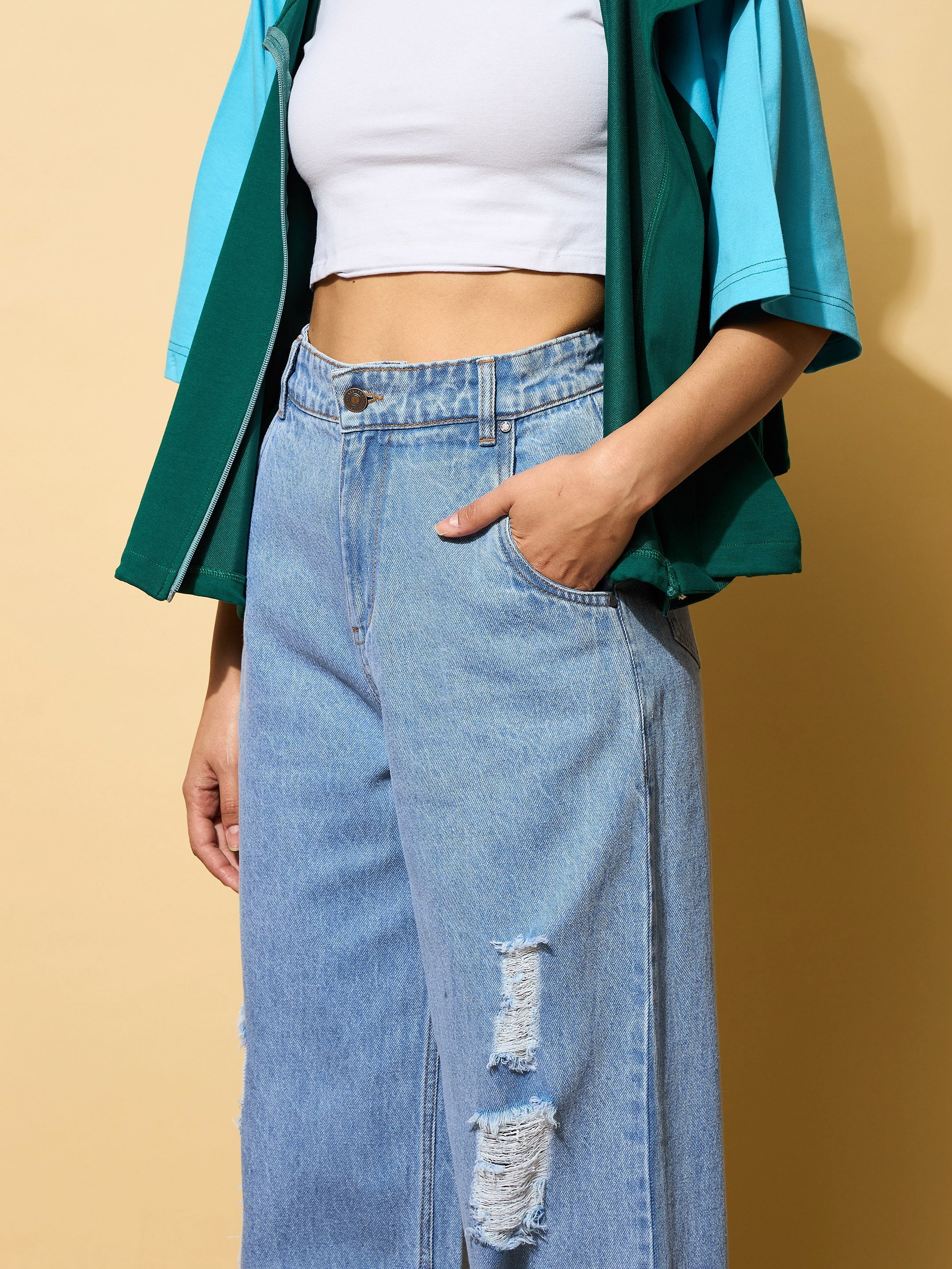 Women Light Blue Heavy Distressed Straight Frayed Jeans-BAJEAN0685