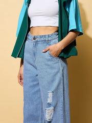 Women Light Blue Heavy Distressed Straight Frayed Jeans-BAJEAN0685