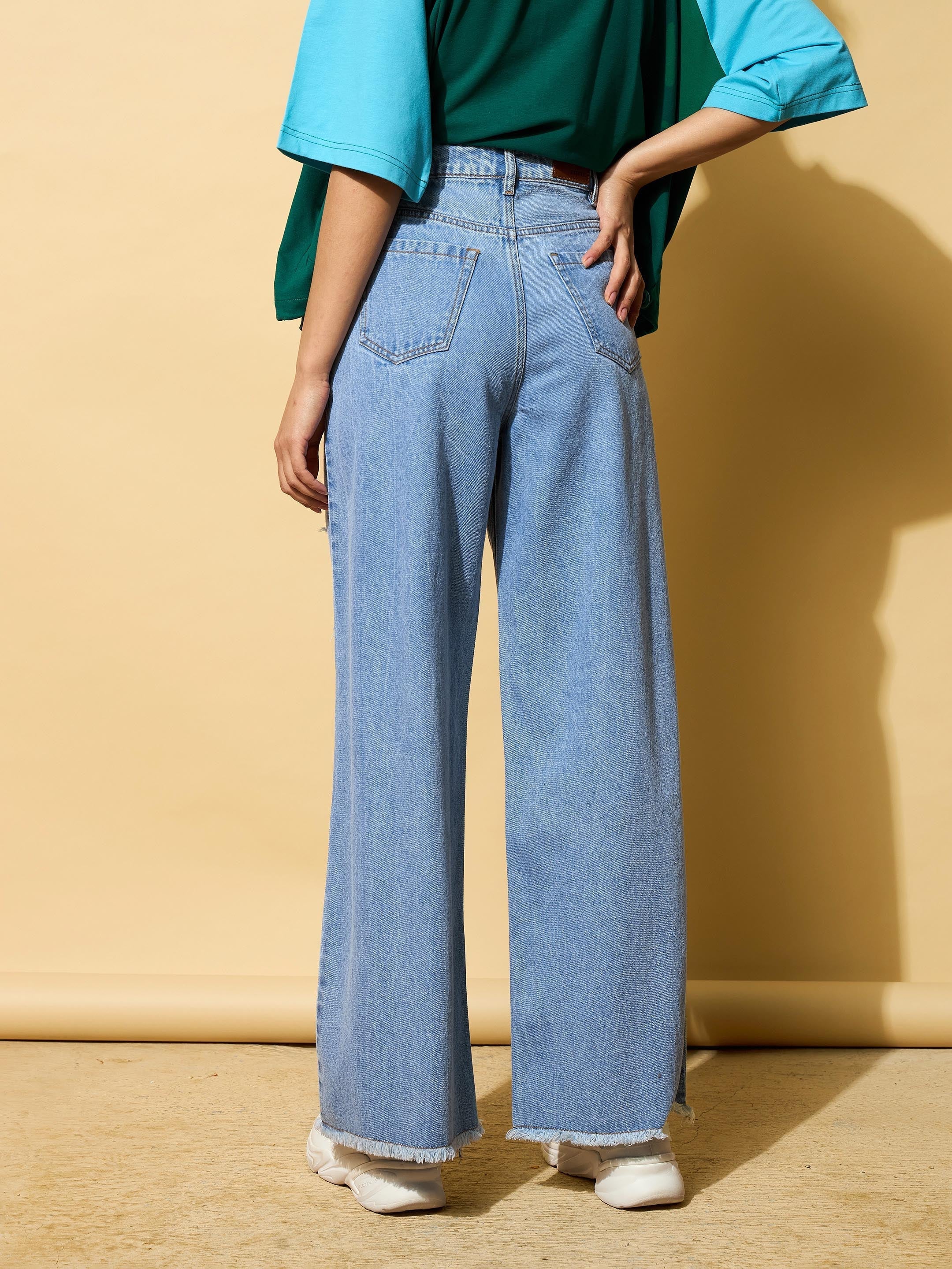 Women Light Blue Heavy Distressed Straight Frayed Jeans-BAJEAN0685