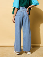 Women Light Blue Heavy Distressed Straight Frayed Jeans-BAJEAN0685