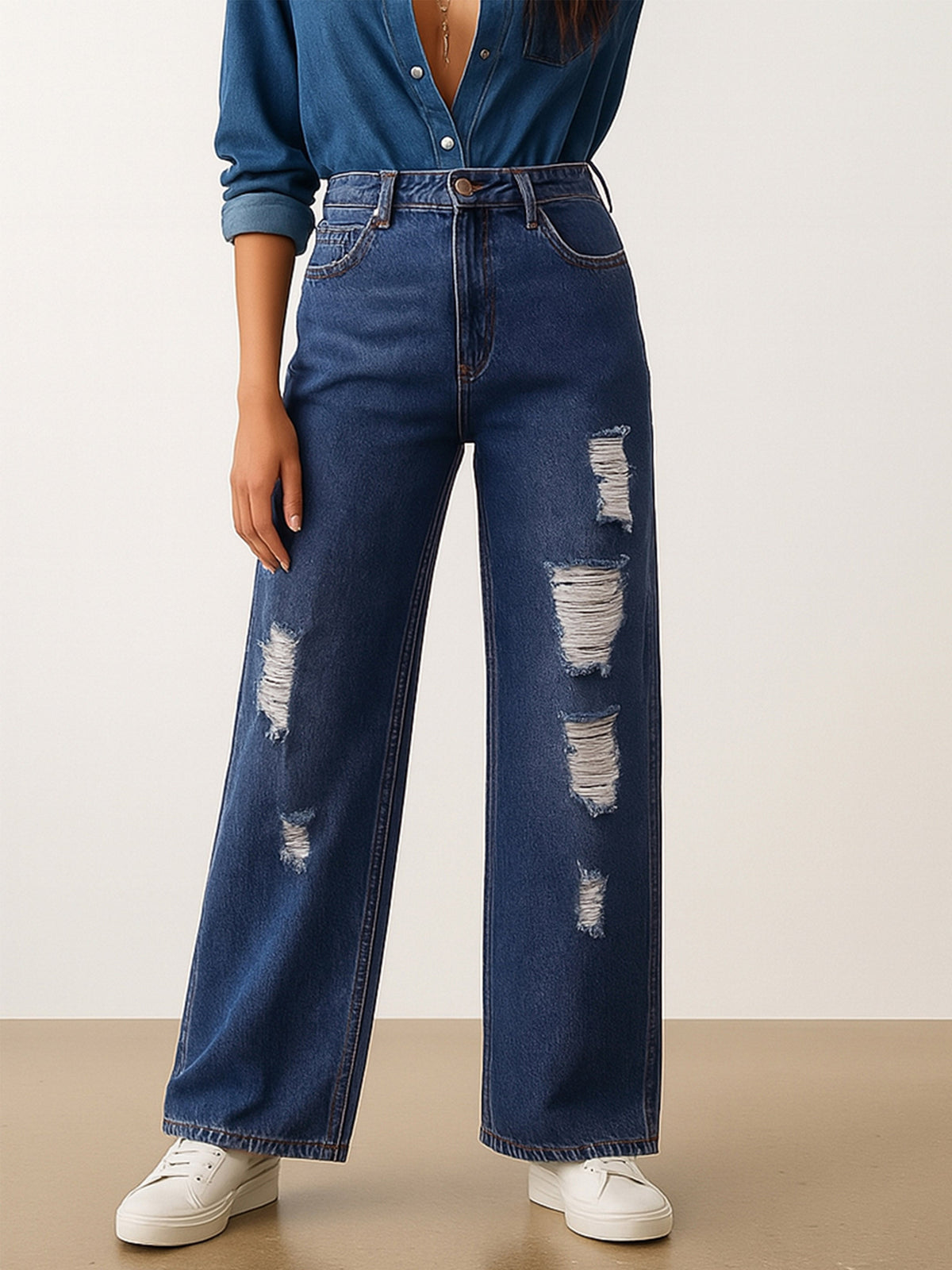 Women Blue Blast Heavy Distressed Straight Frayed Jeans-BAJEAN0686