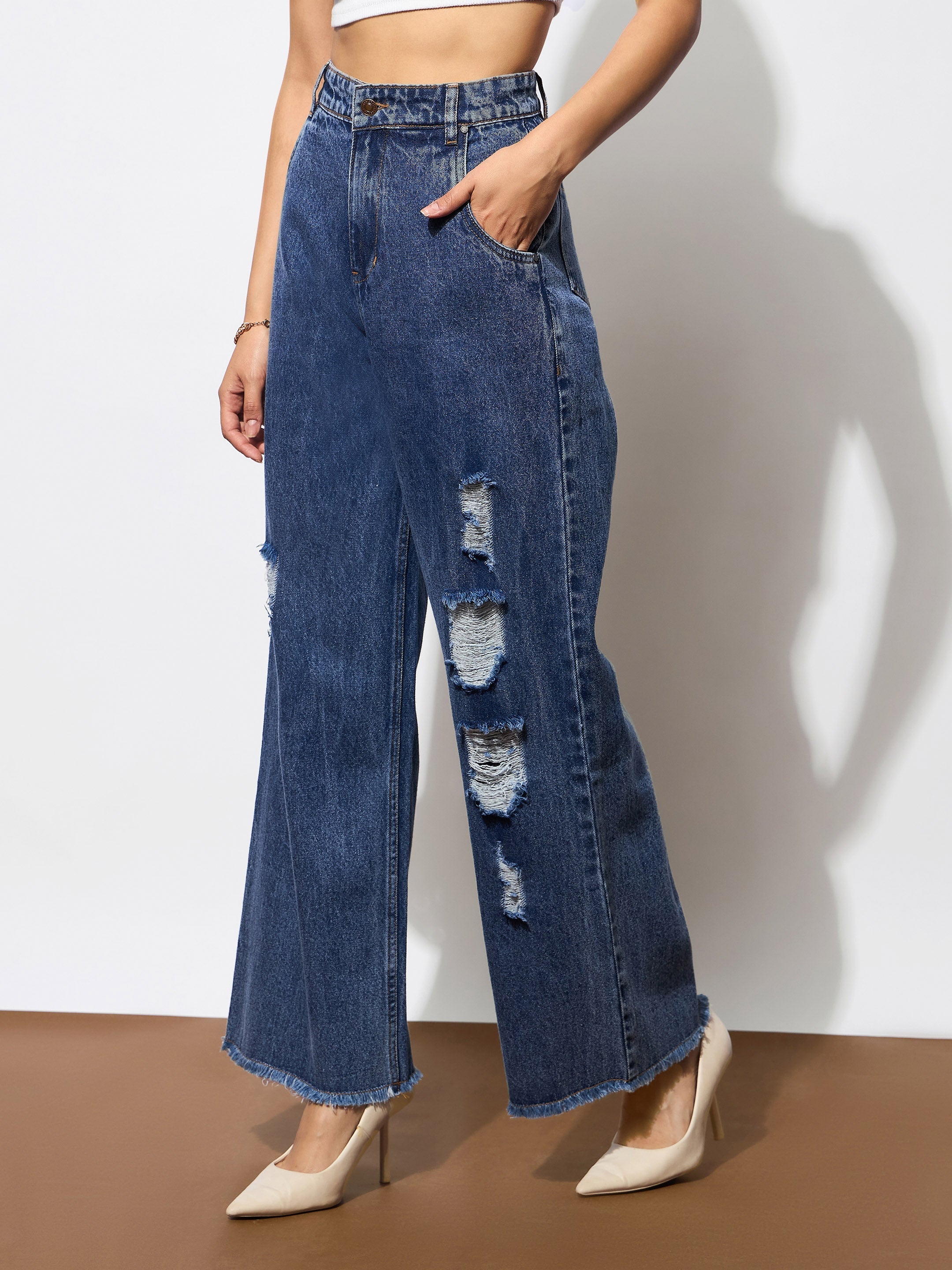 Women Blue Blast Heavy Distressed Straight Frayed Jeans-BAJEAN0686