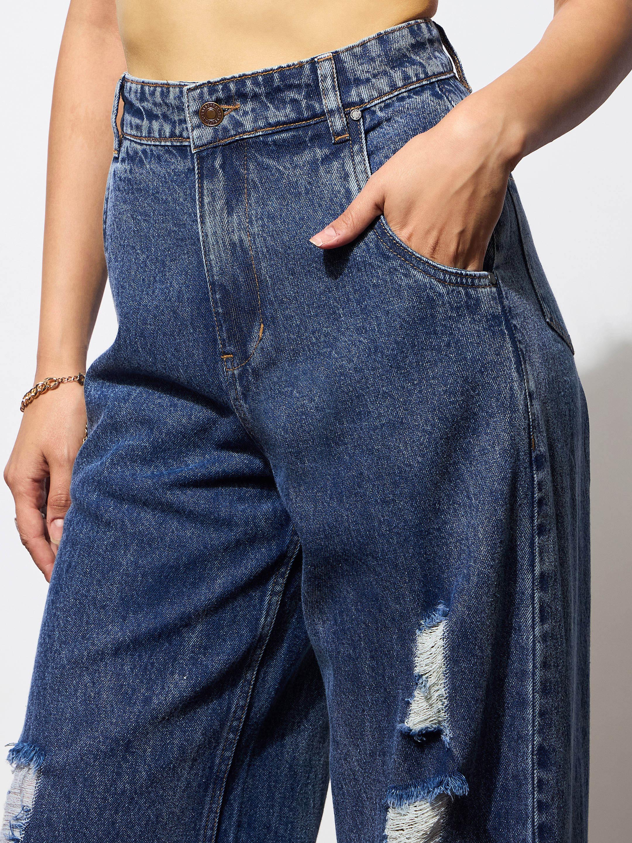 Women Blue Blast Heavy Distressed Straight Frayed Jeans-BAJEAN0686