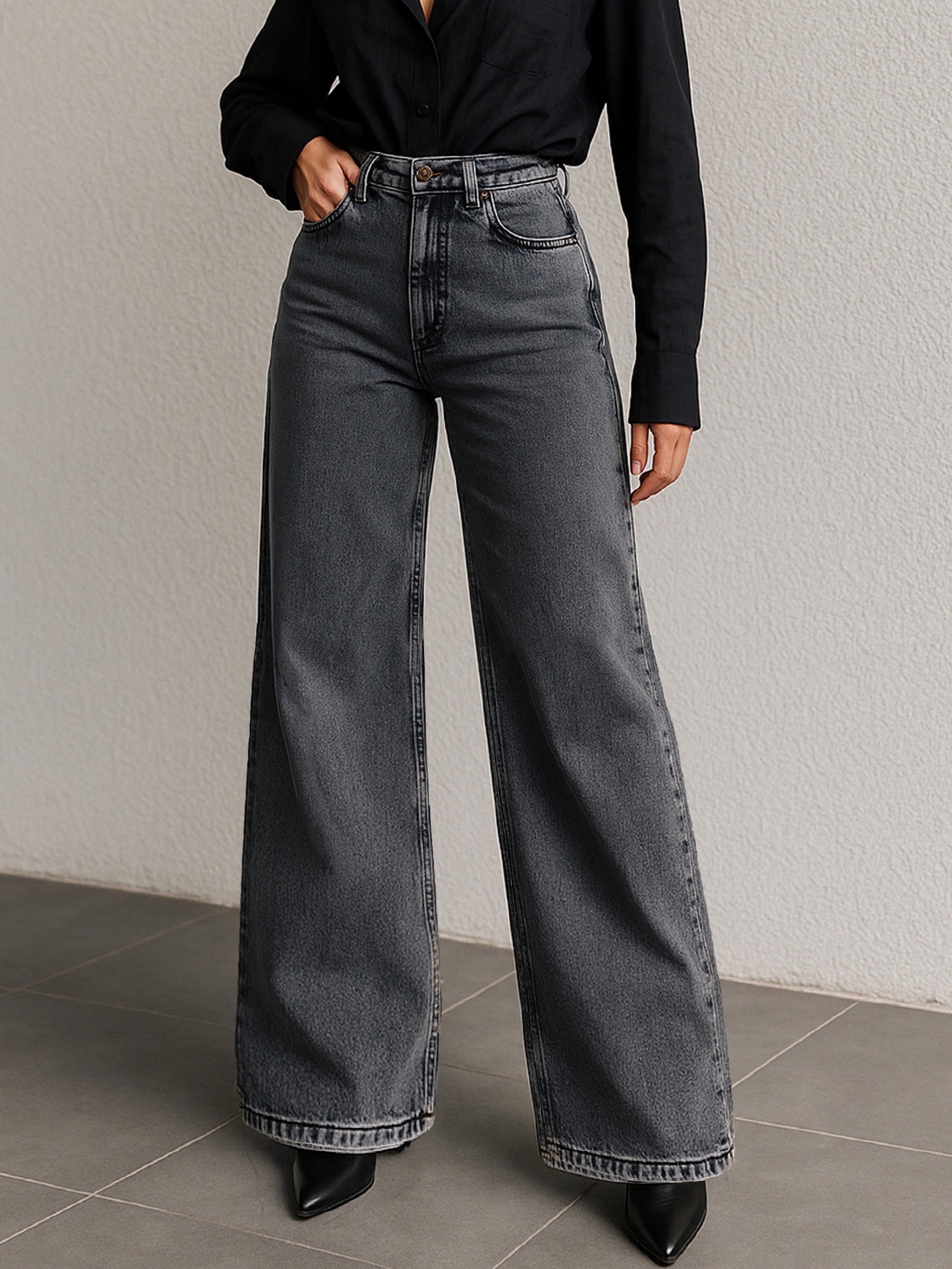 Women Grey Low Waist Wide Leg Jeans-BAJEAN0724