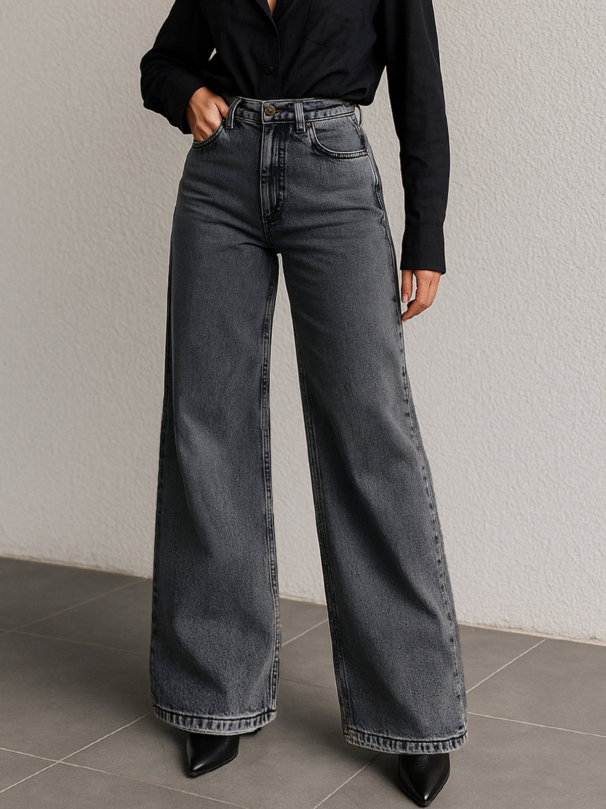 Women Grey Low Waist Wide Leg Jeans-BAJEAN0724