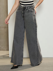 Women Grey Low Waist Wide Leg Jeans-BAJEAN0724