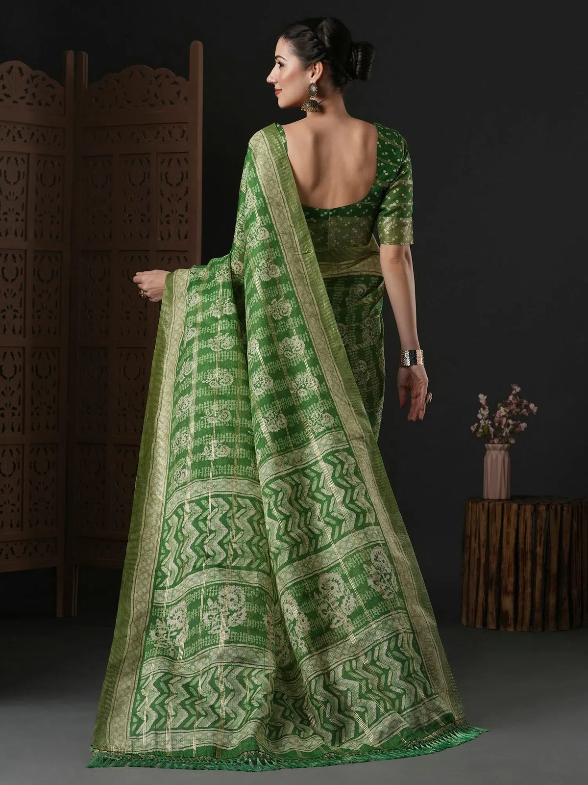 Women's Kota Doria Cotton Green Printed Designer Saree With Blouse Piece-BALUSHA104