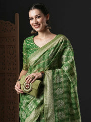 Women's Kota Doria Cotton Green Printed Designer Saree With Blouse Piece-BALUSHA104