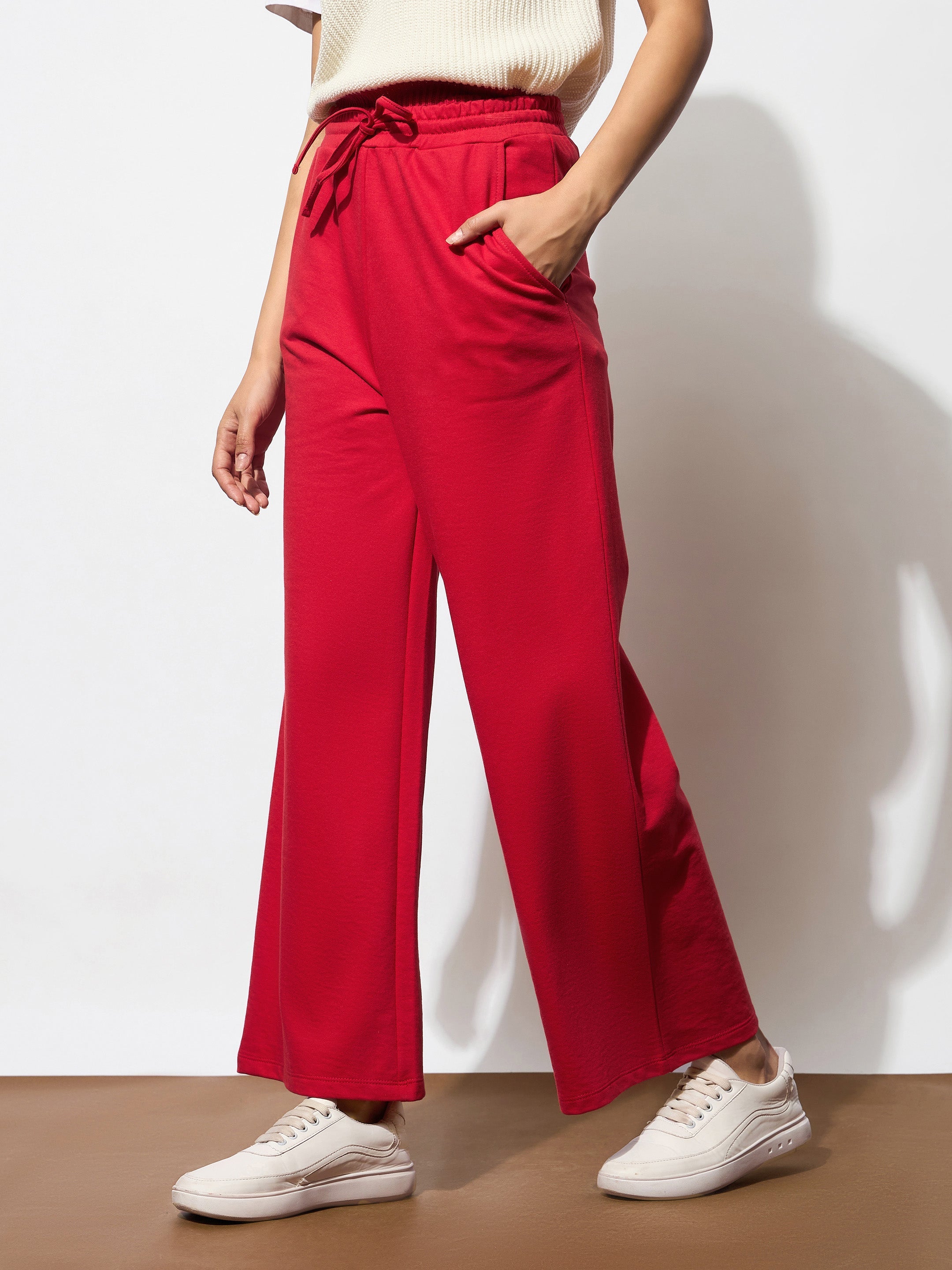 Women Red Terry Track Pants-BAPANT51079