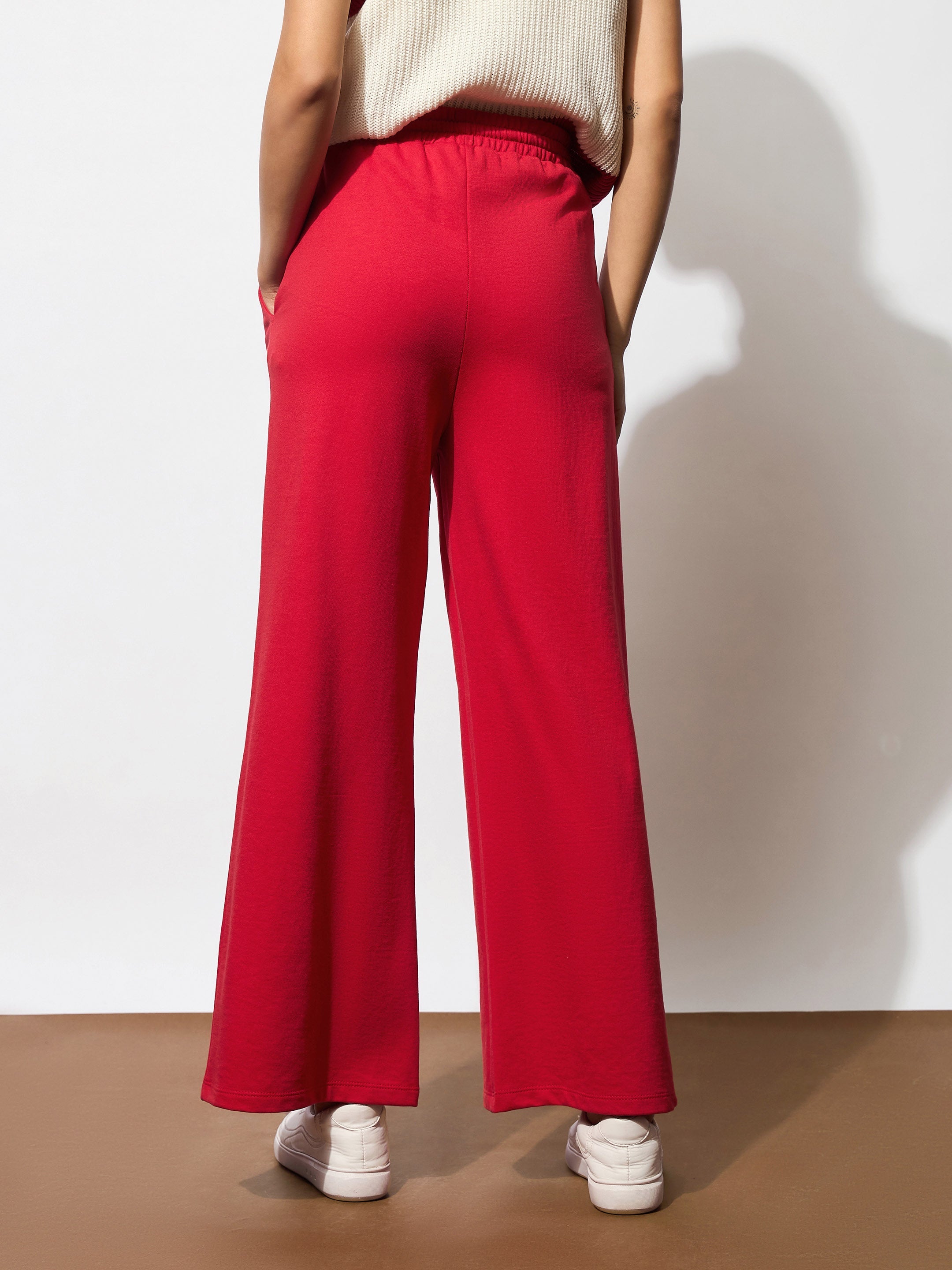 Women Red Terry Track Pants-BAPANT51079