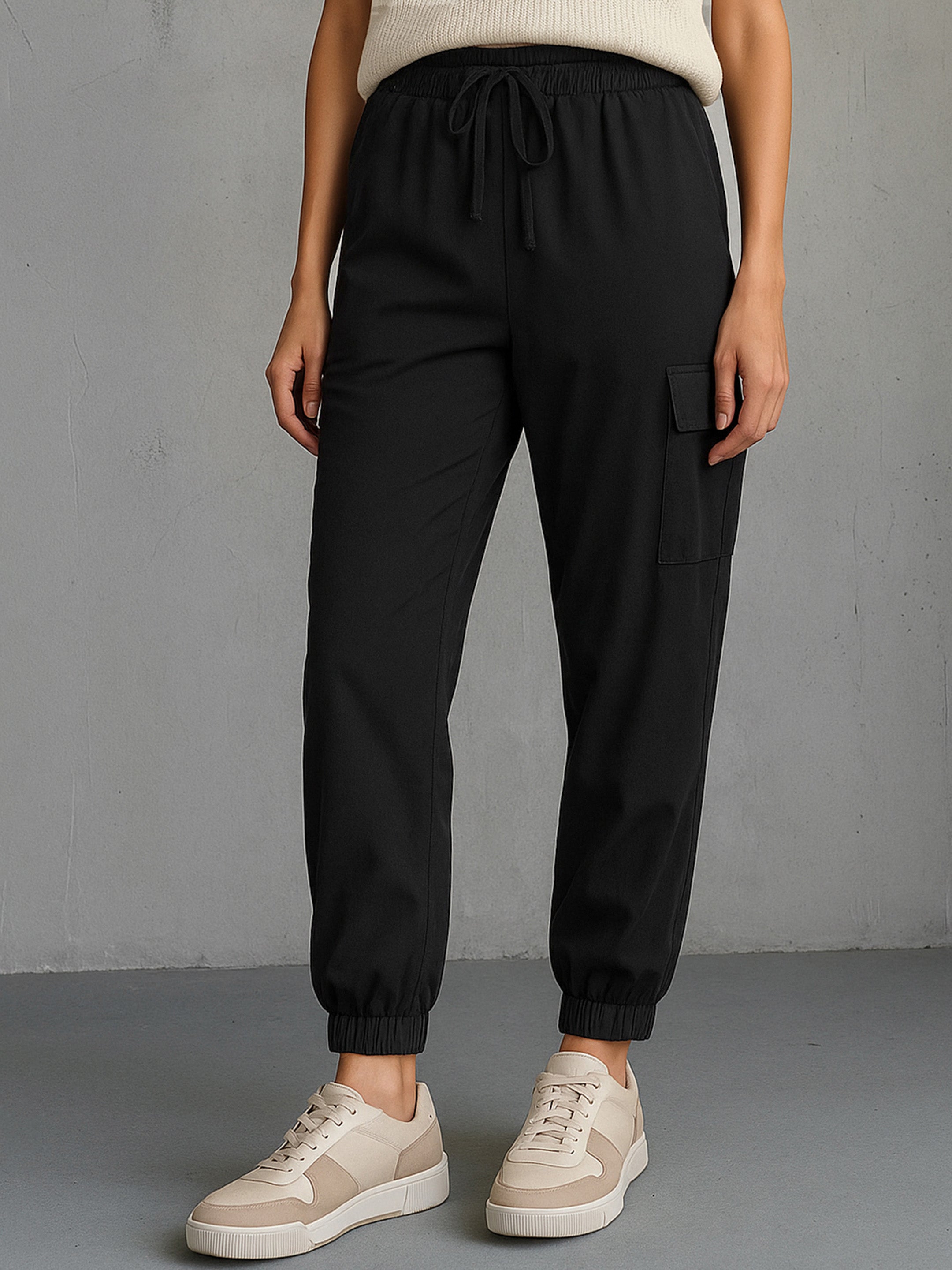Women Black Side Pocket Cargo Joggers-BAPANT51081