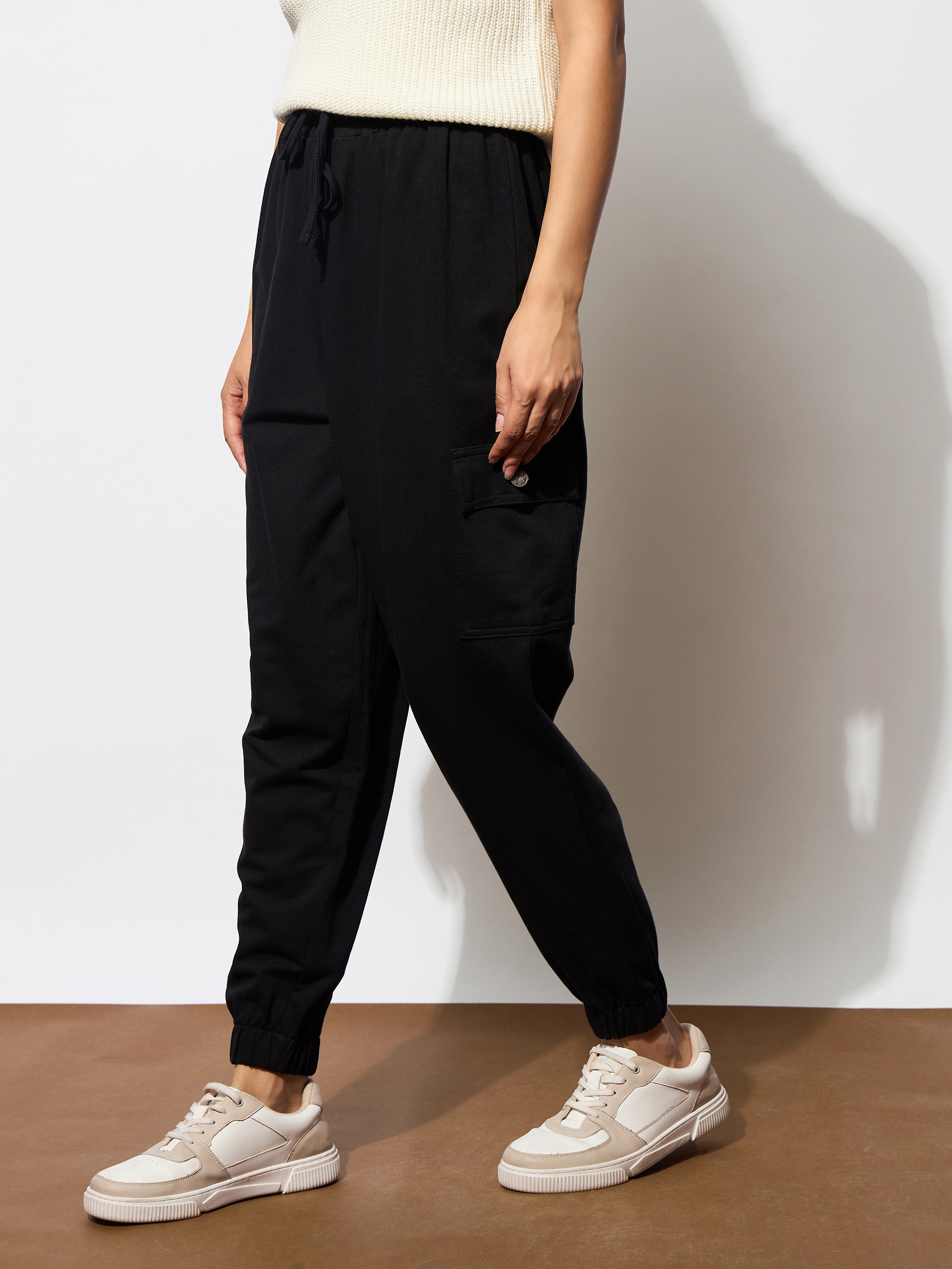 Women Black Side Pocket Cargo Joggers-BAPANT51081