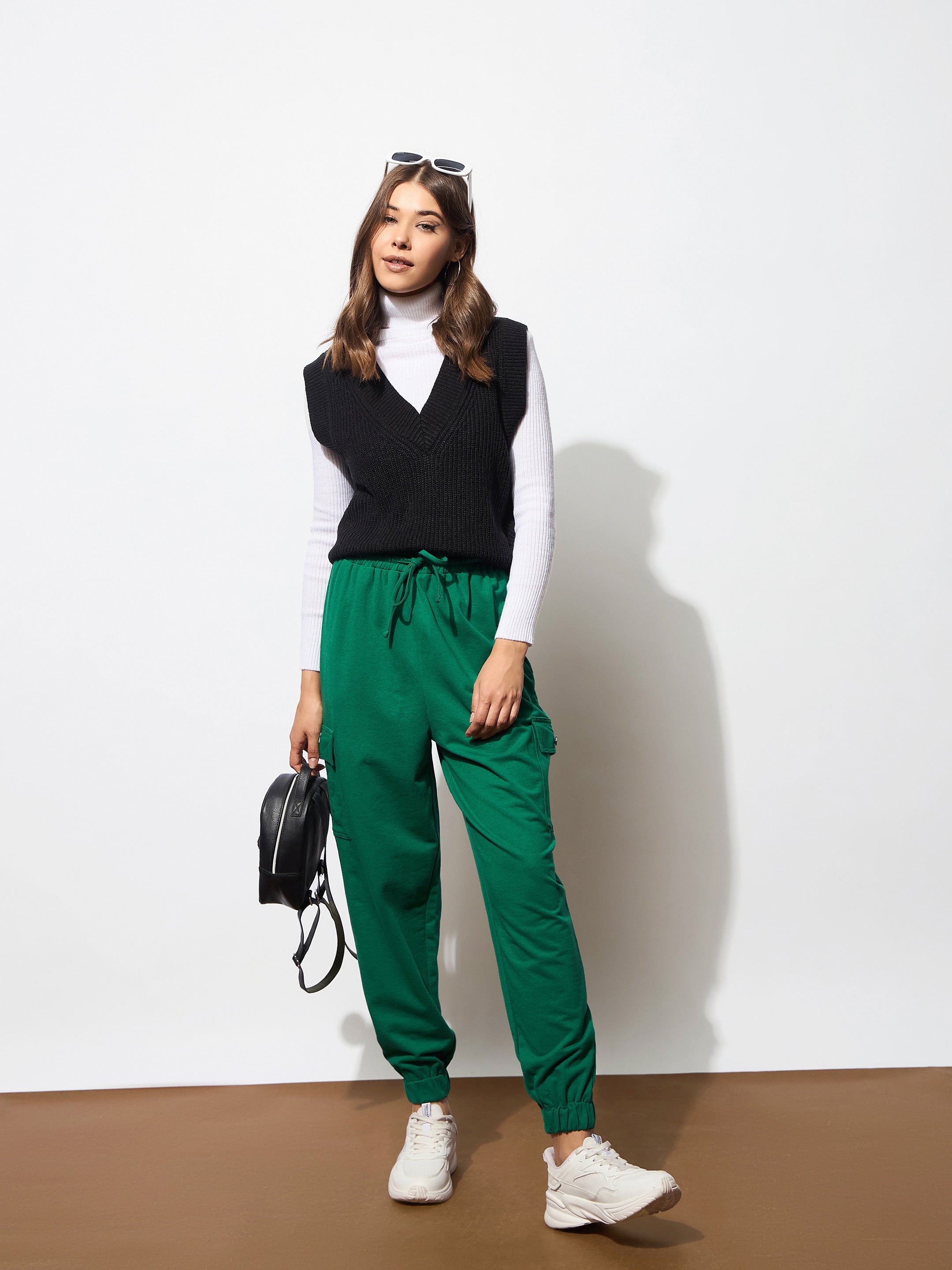 Women Green Side Pocket Cargo Joggers-BAPANT51082
