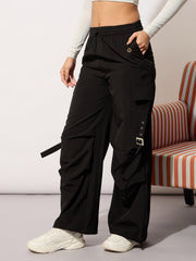 Women Black Parachute Side Metal Buckle Detail Cargos-BAPANT51087