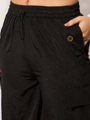 Women Black Parachute Side Metal Buckle Detail Cargos-BAPANT51087