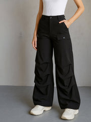 Women Black Parachute Pintuck Cargos-BAPANT51089