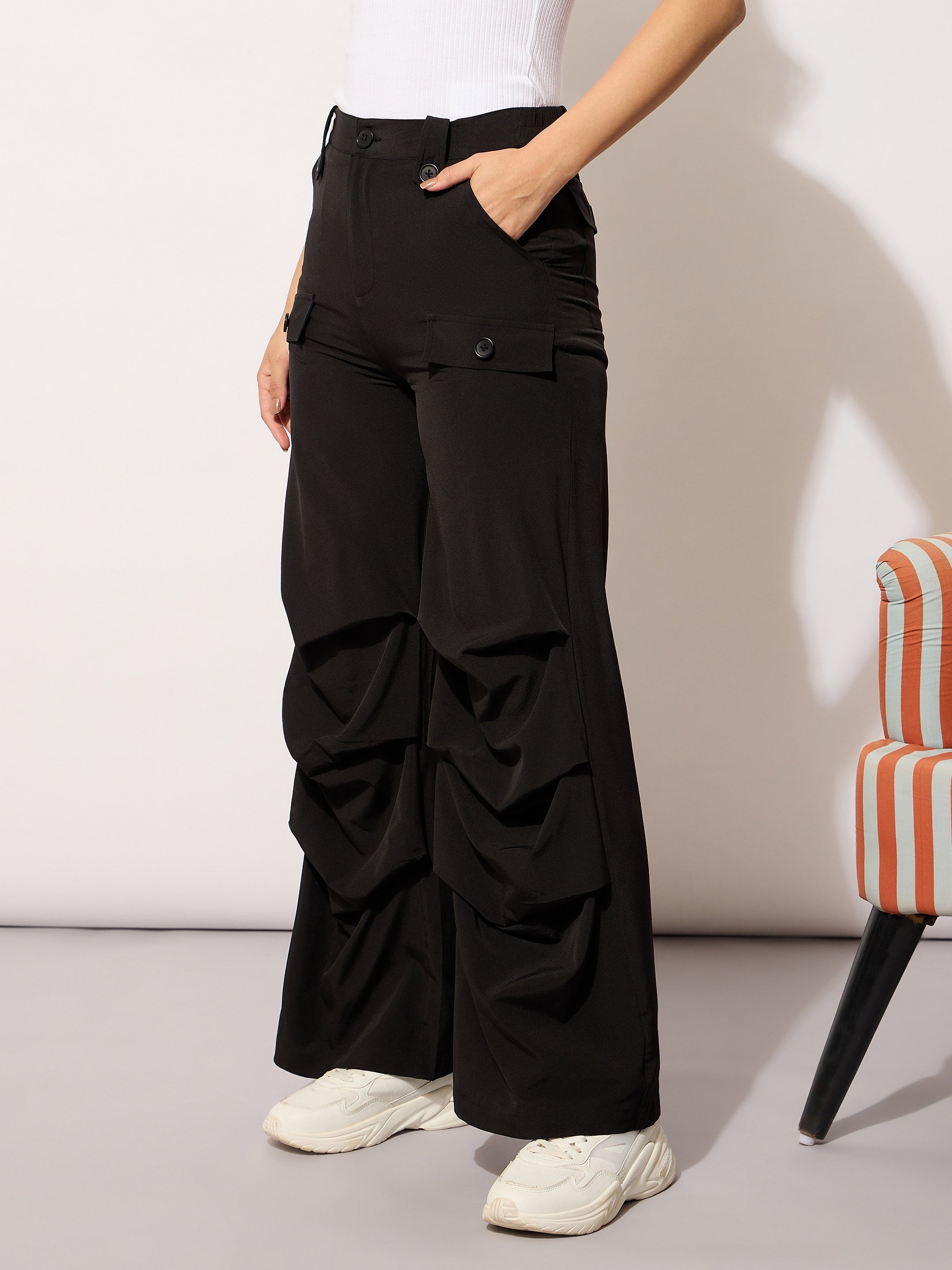 Women Black Parachute Pintuck Cargos-BAPANT51089