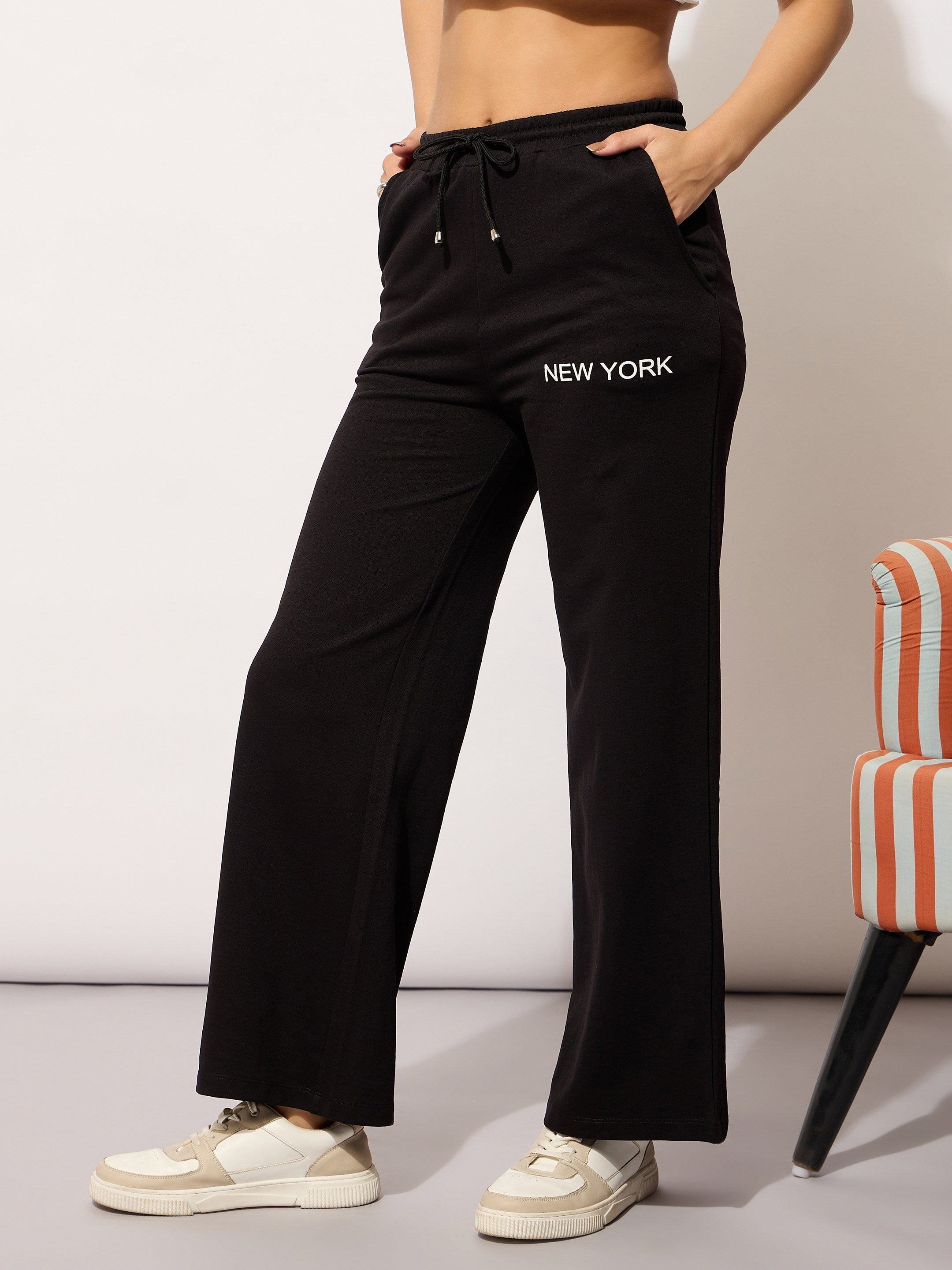 Women Black Terry NEW YORK Print Track Pants-BAPANT51094