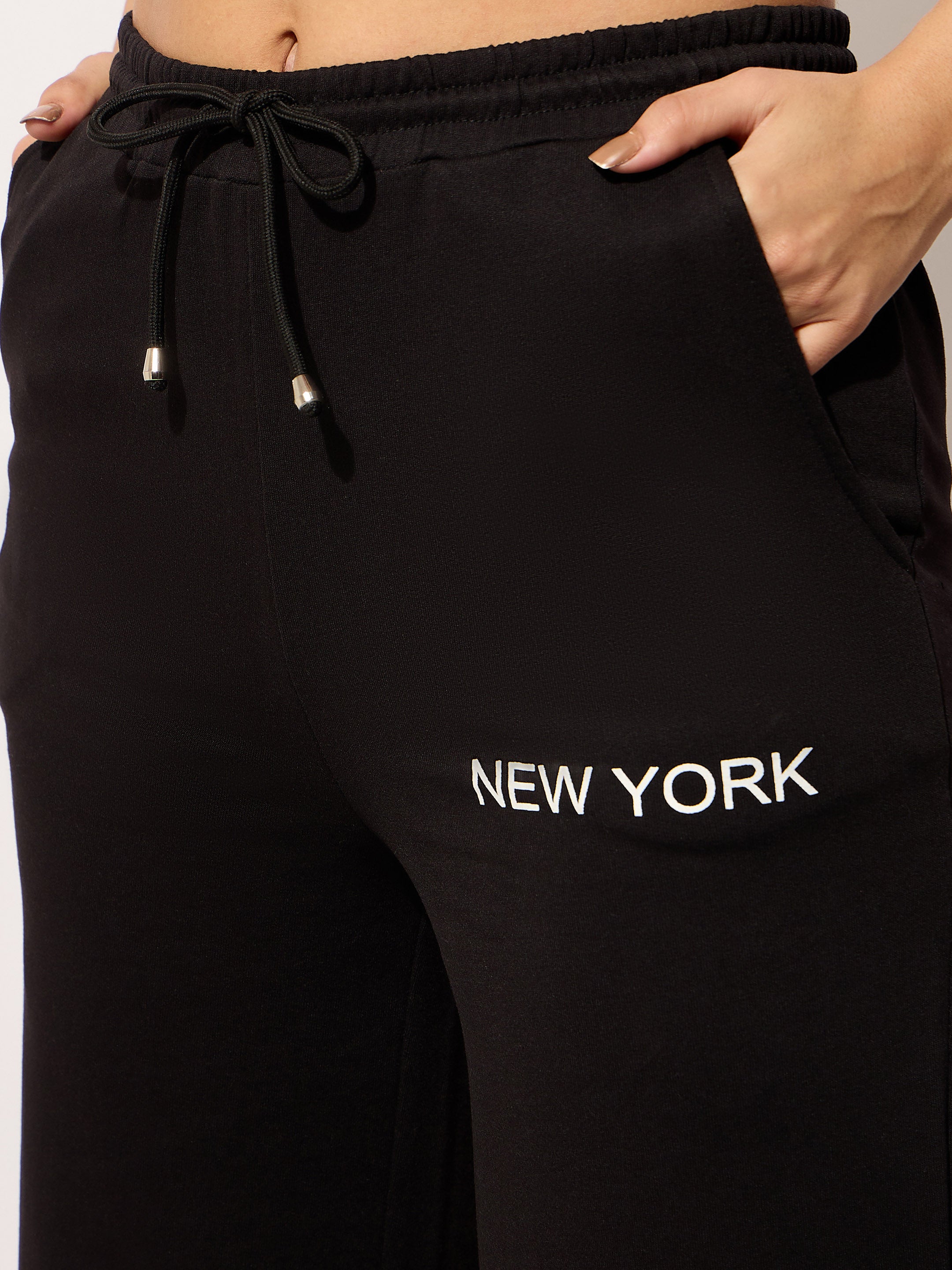 Women Black Terry NEW YORK Print Track Pants-BAPANT51094