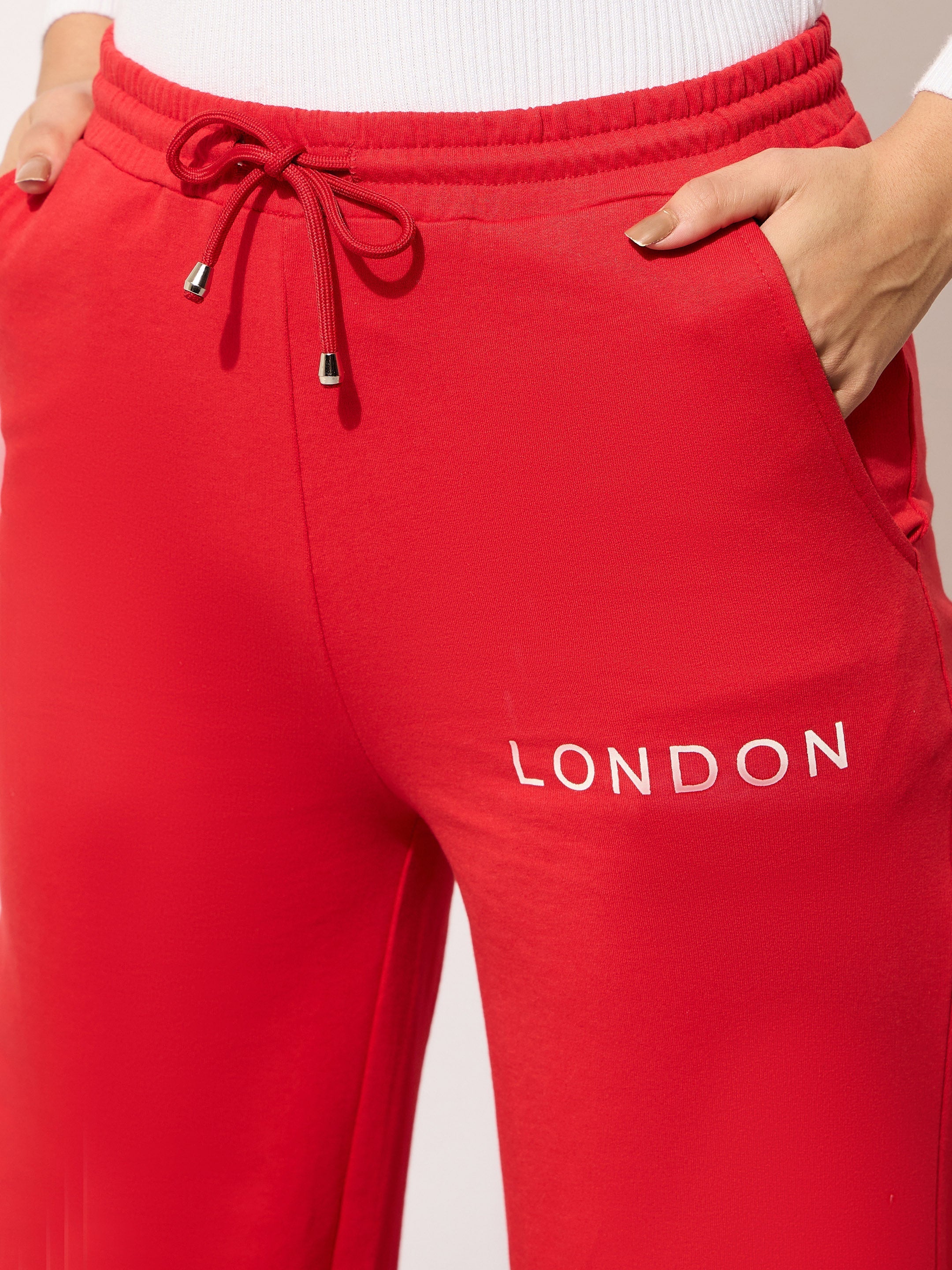 Women Red Terry LONDON Print Track Pants-BAPANT51095