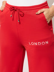 Women Red Terry LONDON Print Track Pants-BAPANT51095