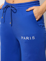 Women Blue Terry PARIS Print Track Pants-BAPANT51096
