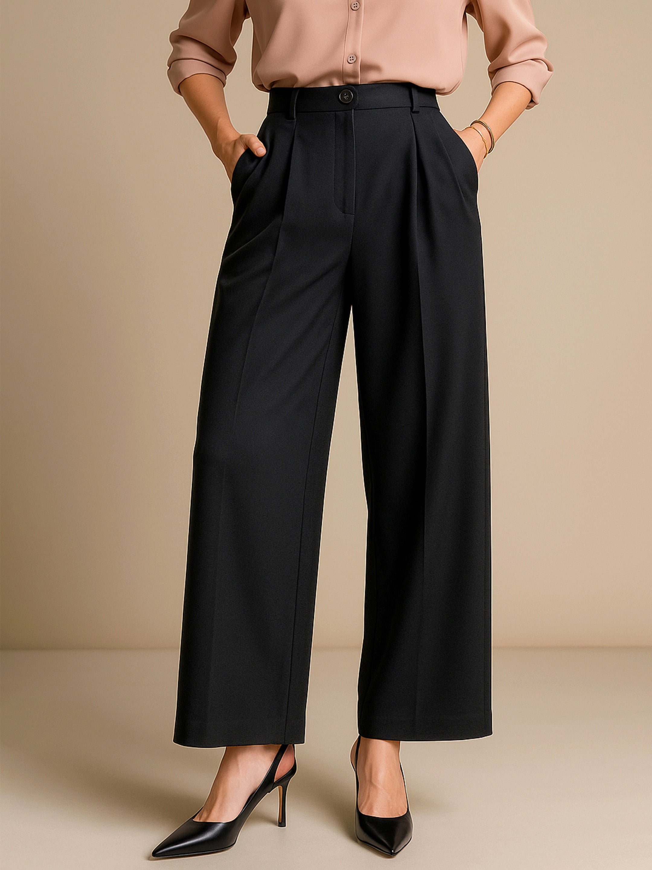 Women Black High-Rise Front Pleated Korean Pants-BAPANT51163