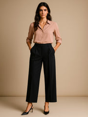 Women Black High-Rise Front Pleated Korean Pants-BAPANT51163