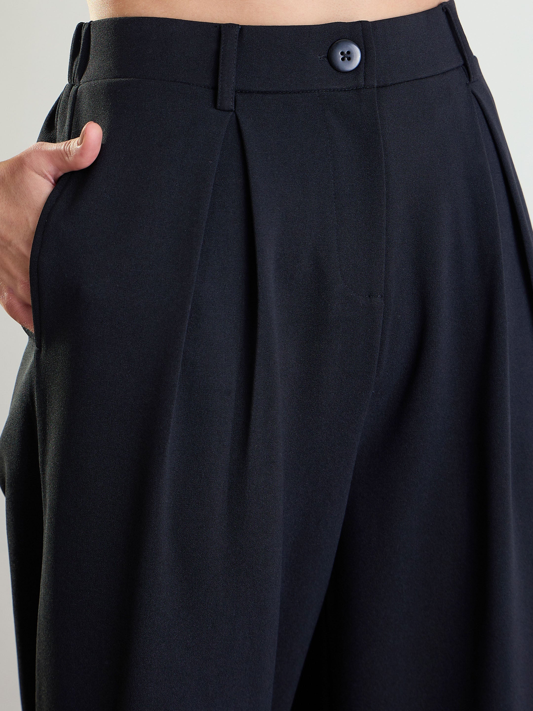 Women Black High-Rise Front Pleated Korean Pants-BAPANT51163