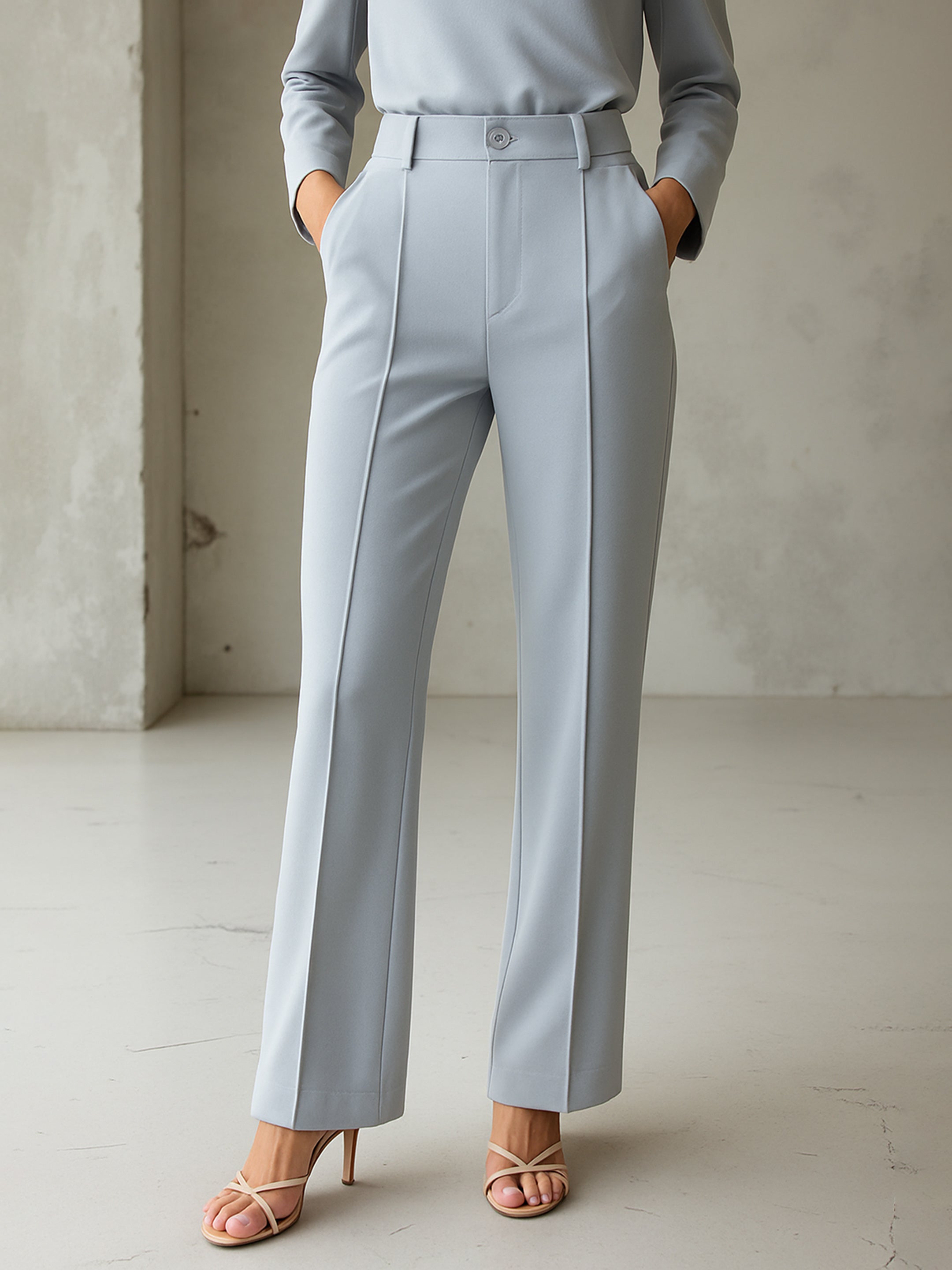 Women Grey Front Dart Straight Fit Pants-BAPANT51168