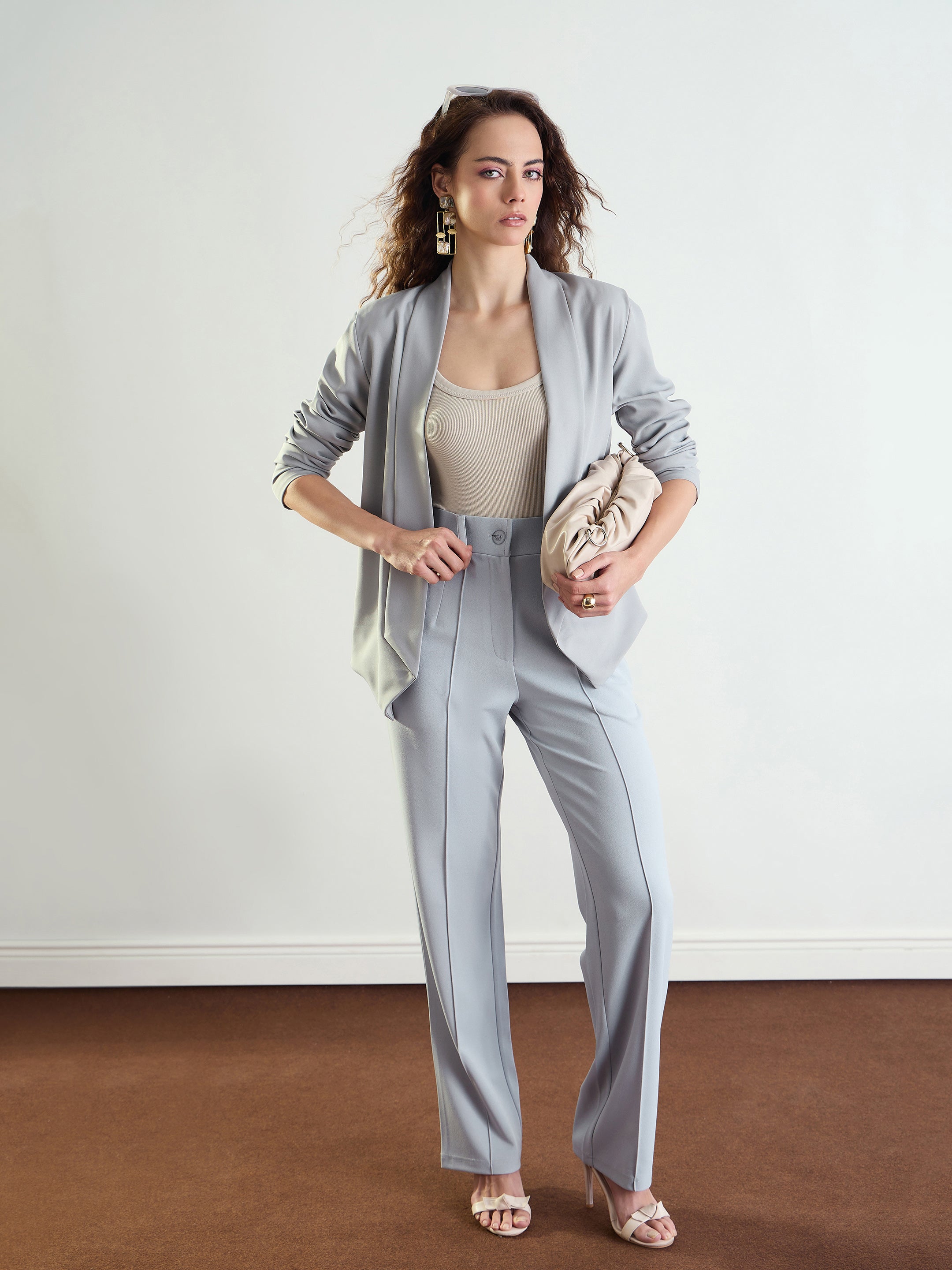 Women Grey Front Dart Straight Fit Pants-BAPANT51168