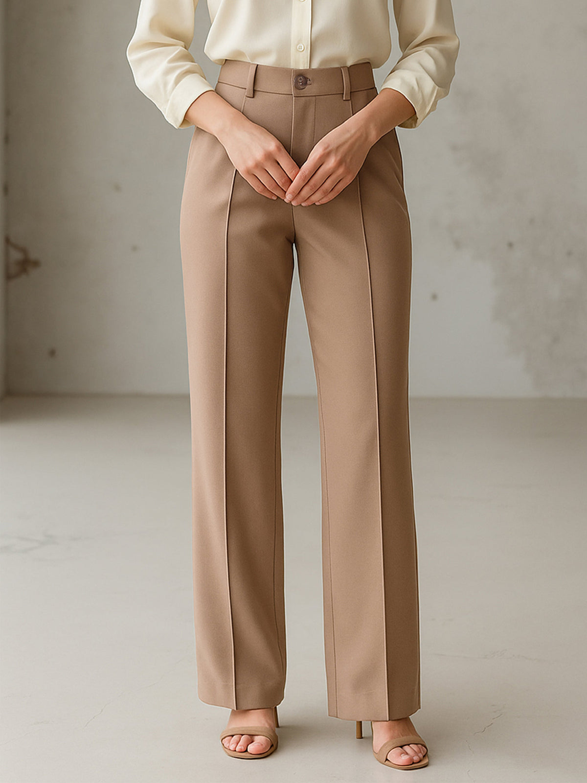 Women Beige Front Darted Straight Fit Pants-BAPANT51172