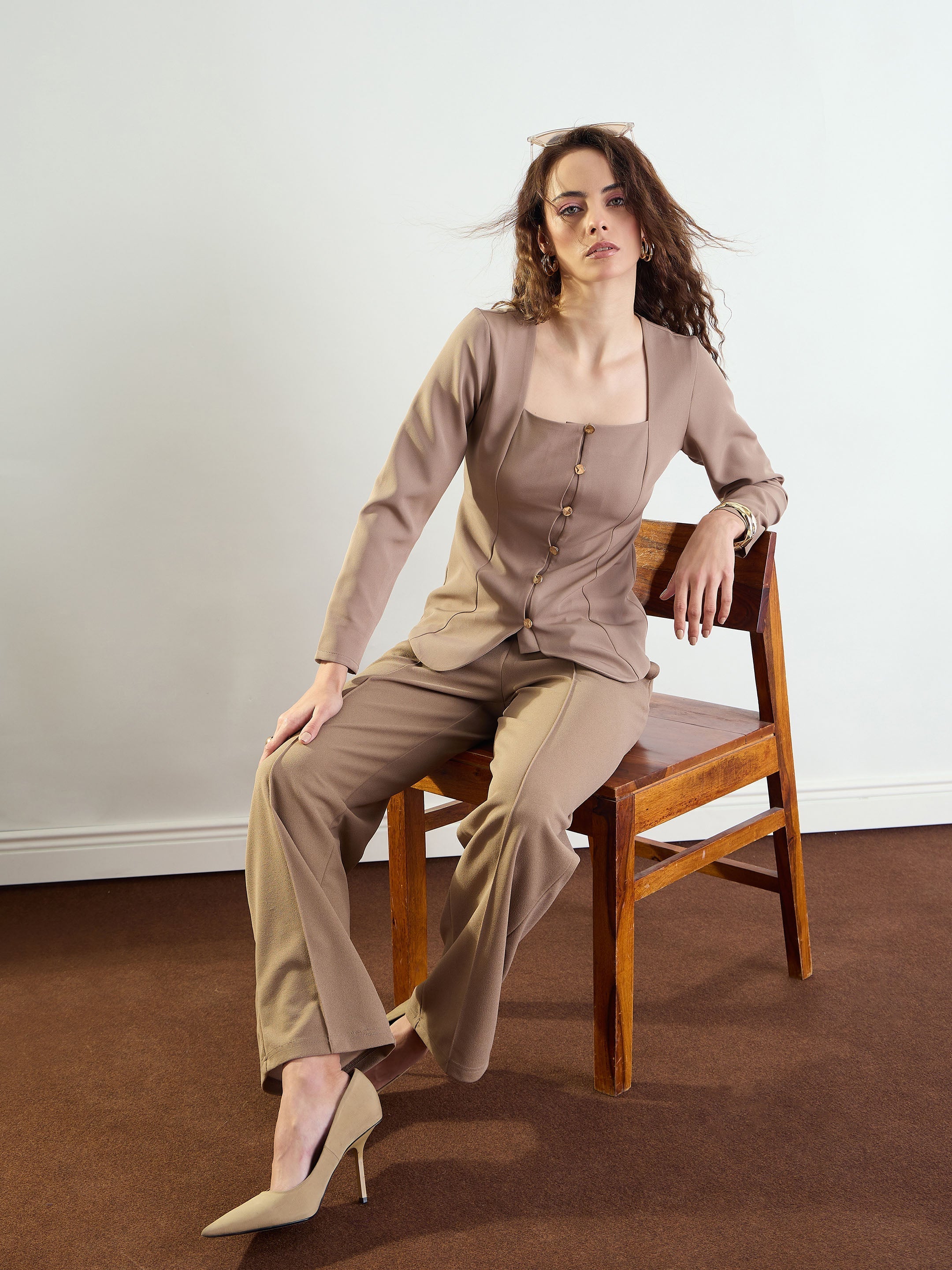 Women Beige Front Darted Straight Fit Pants-BAPANT51172