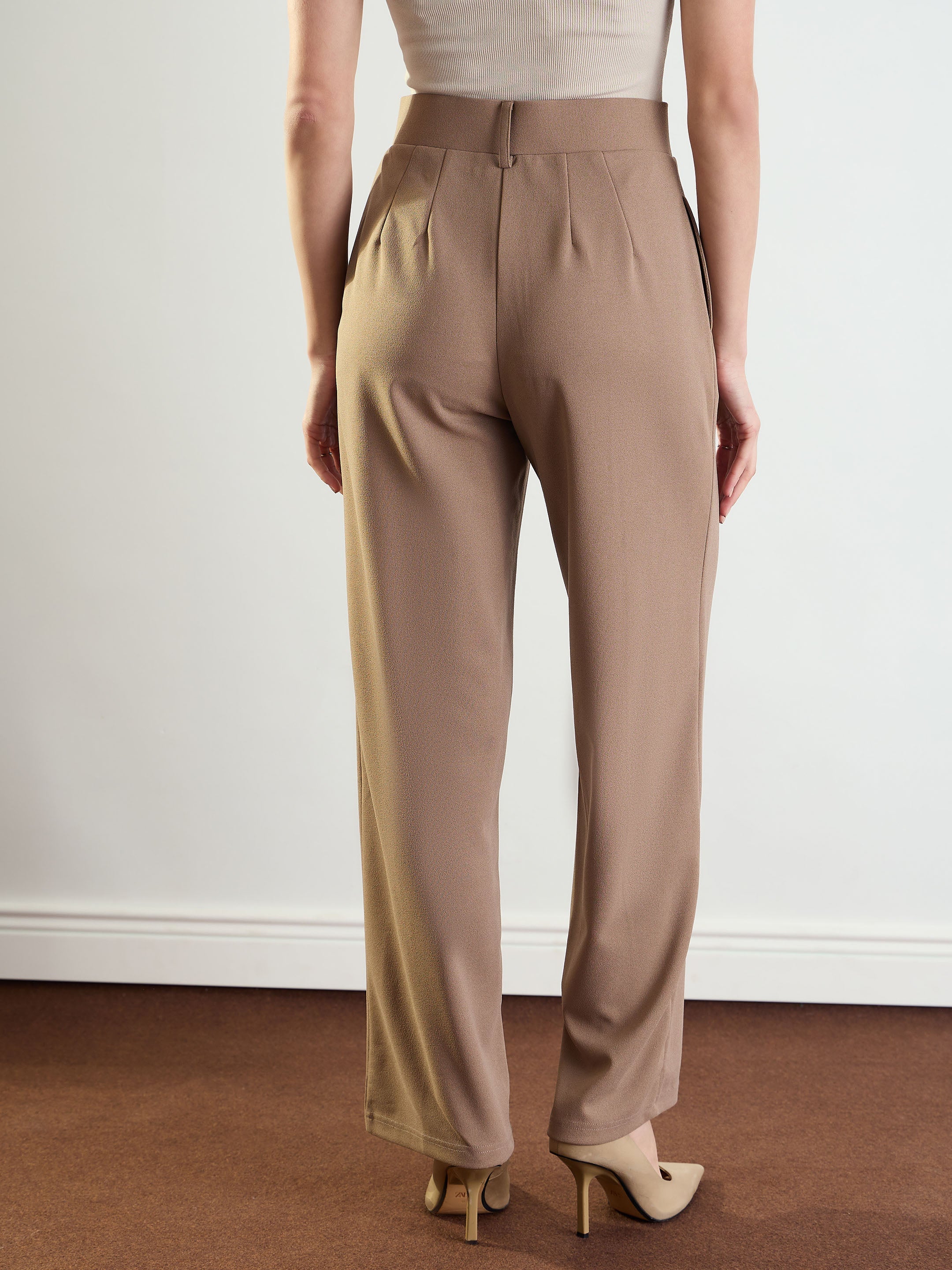 Women Beige Front Darted Straight Fit Pants-BAPANT51172