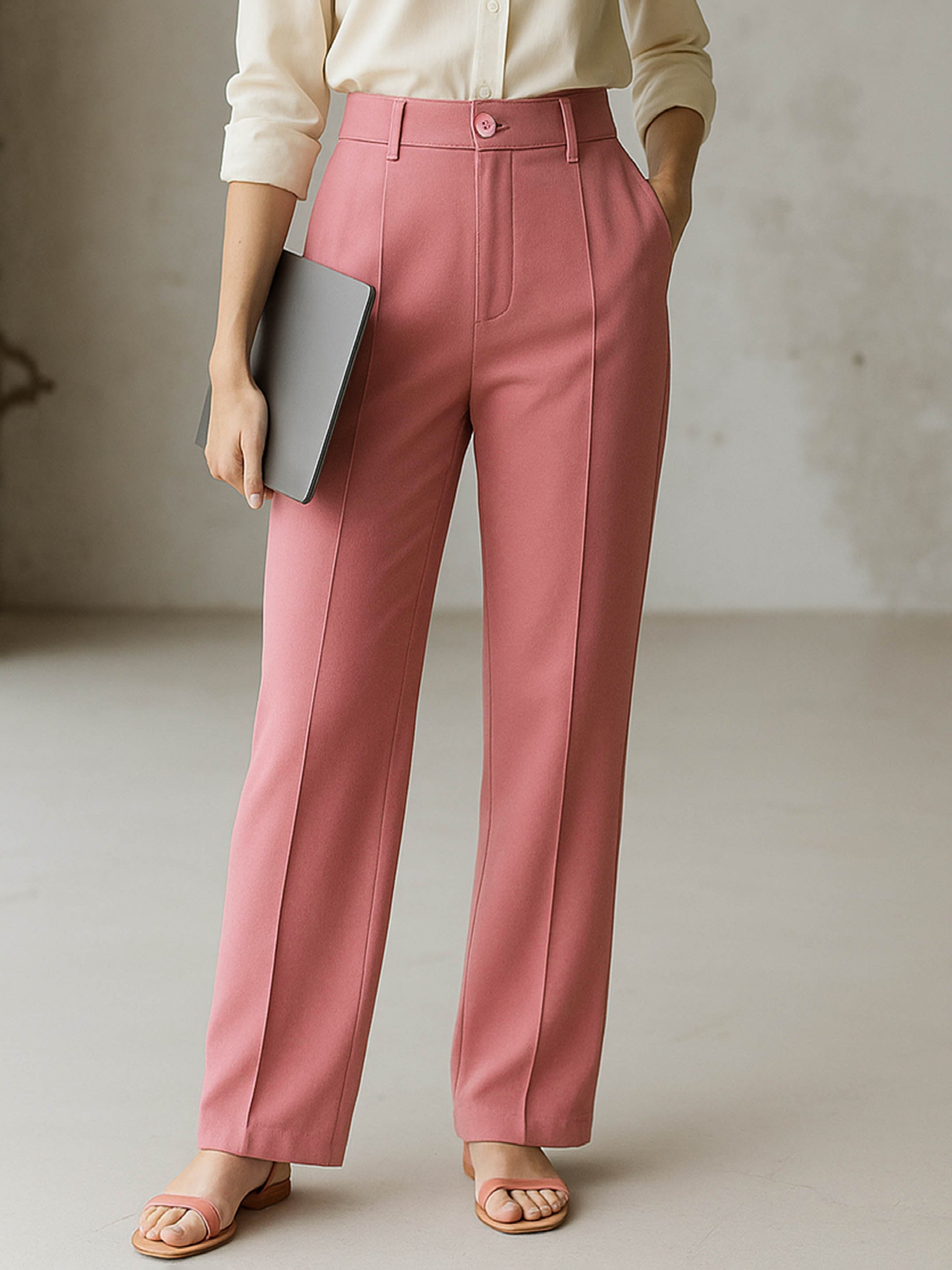 Women Pink Front Darted Straight Fit Pants-BAPANT51173
