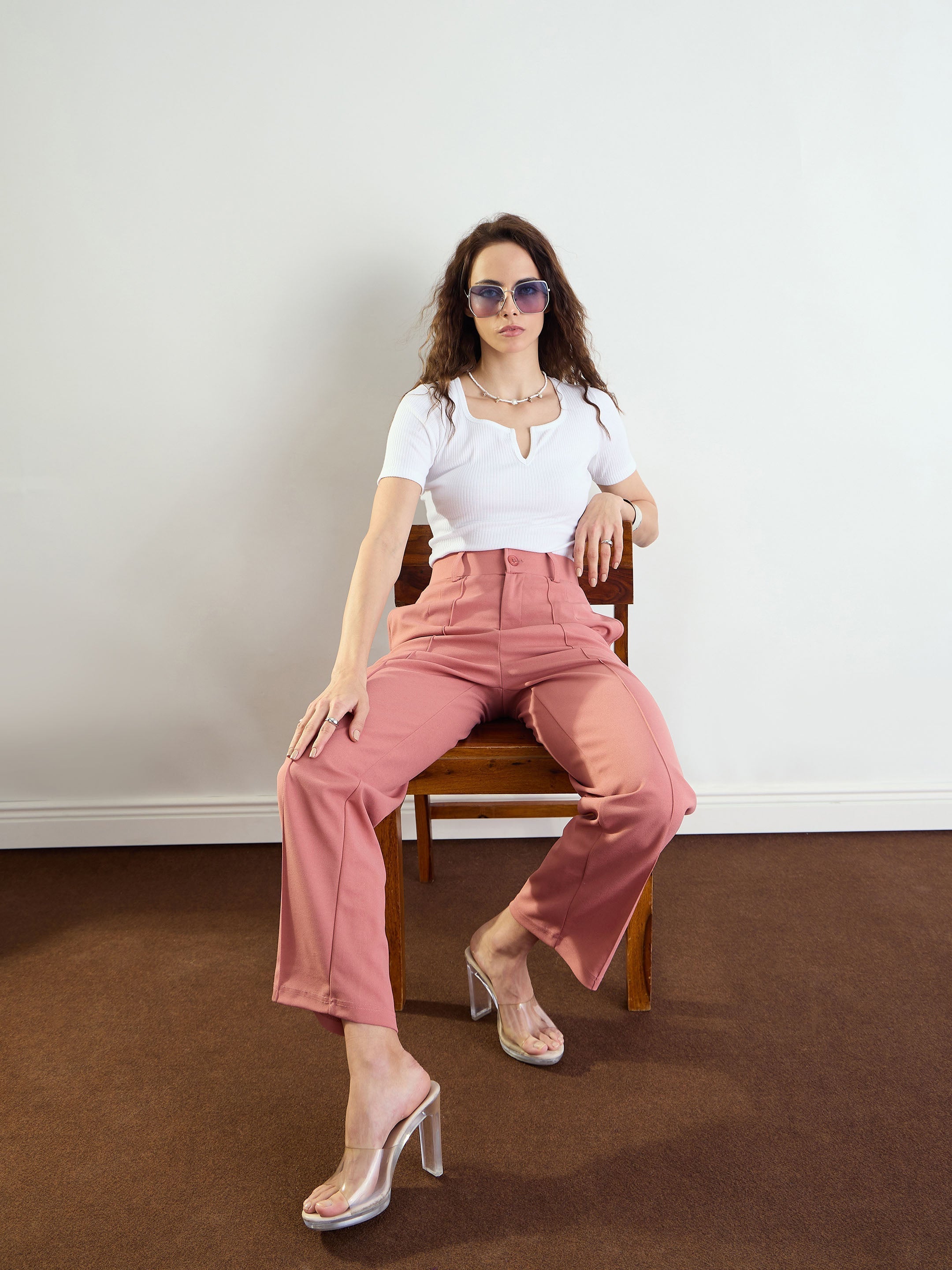 Women Pink Front Darted Straight Fit Pants-BAPANT51173