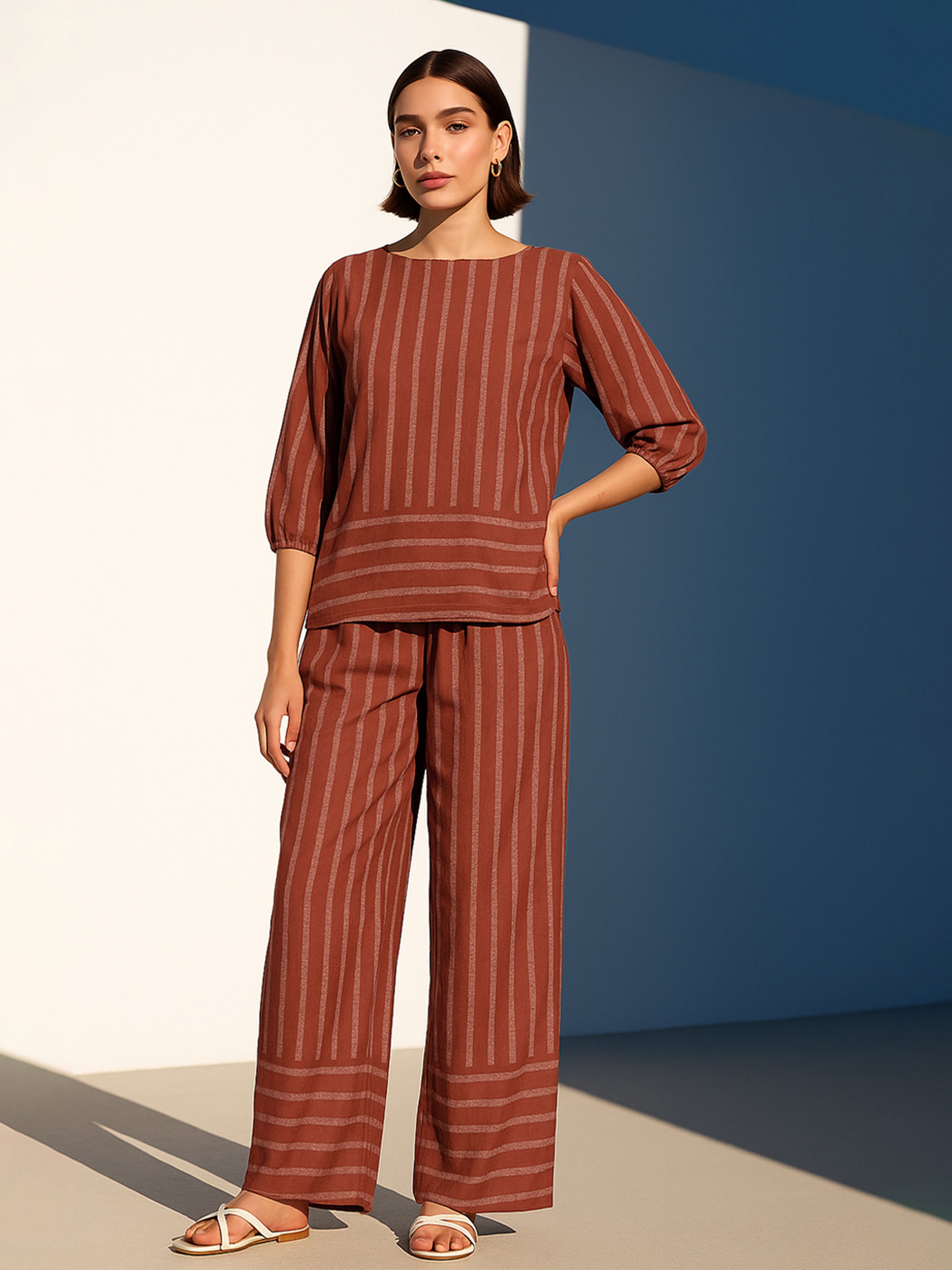 Women Rust Stripes Print Top With Pants-BASETS96125