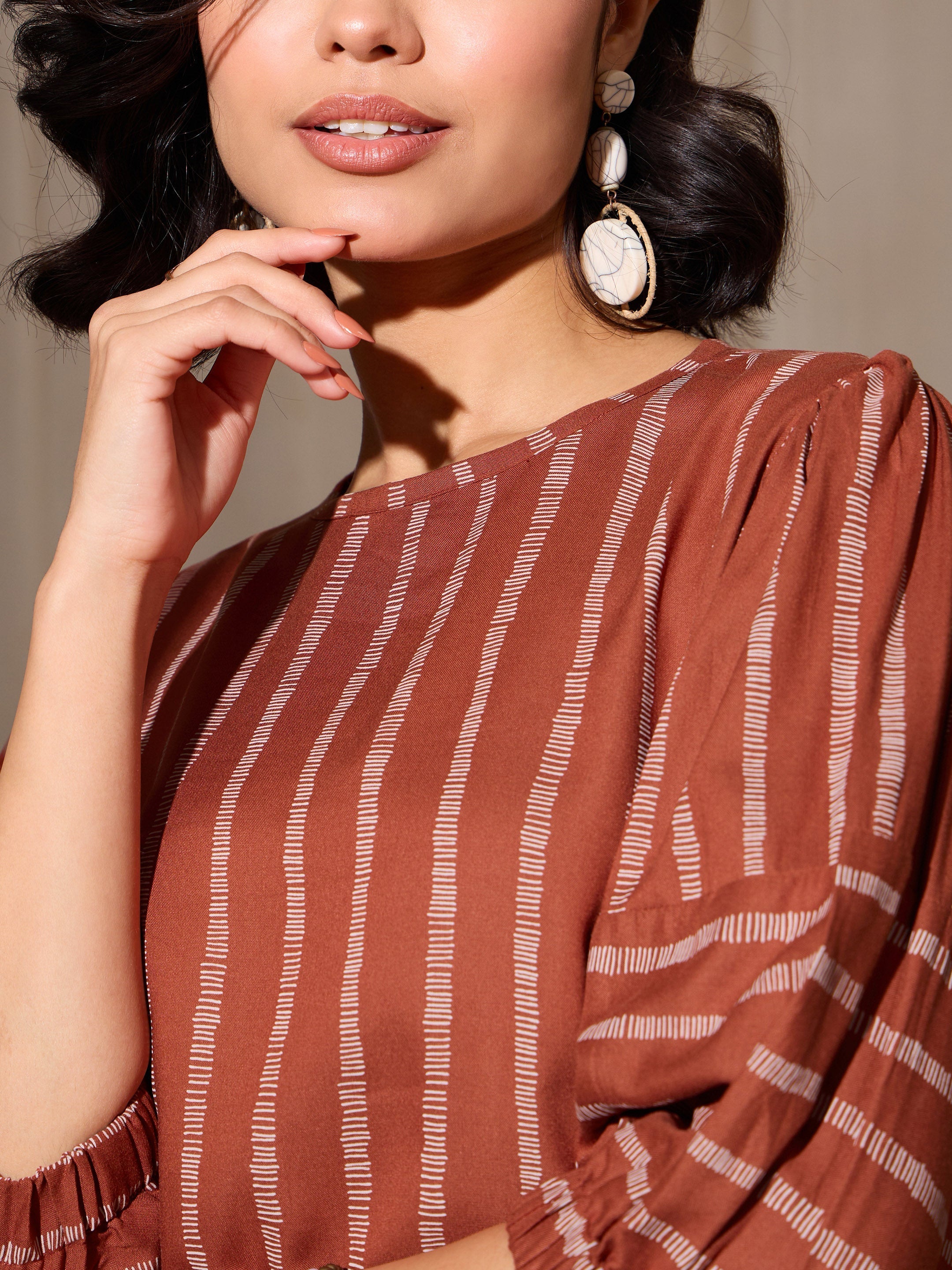 Women Rust Stripes Print Top With Pants-BASETS96125