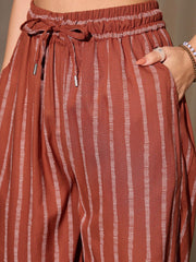 Women Rust Stripes Print Top With Pants-BASETS96125